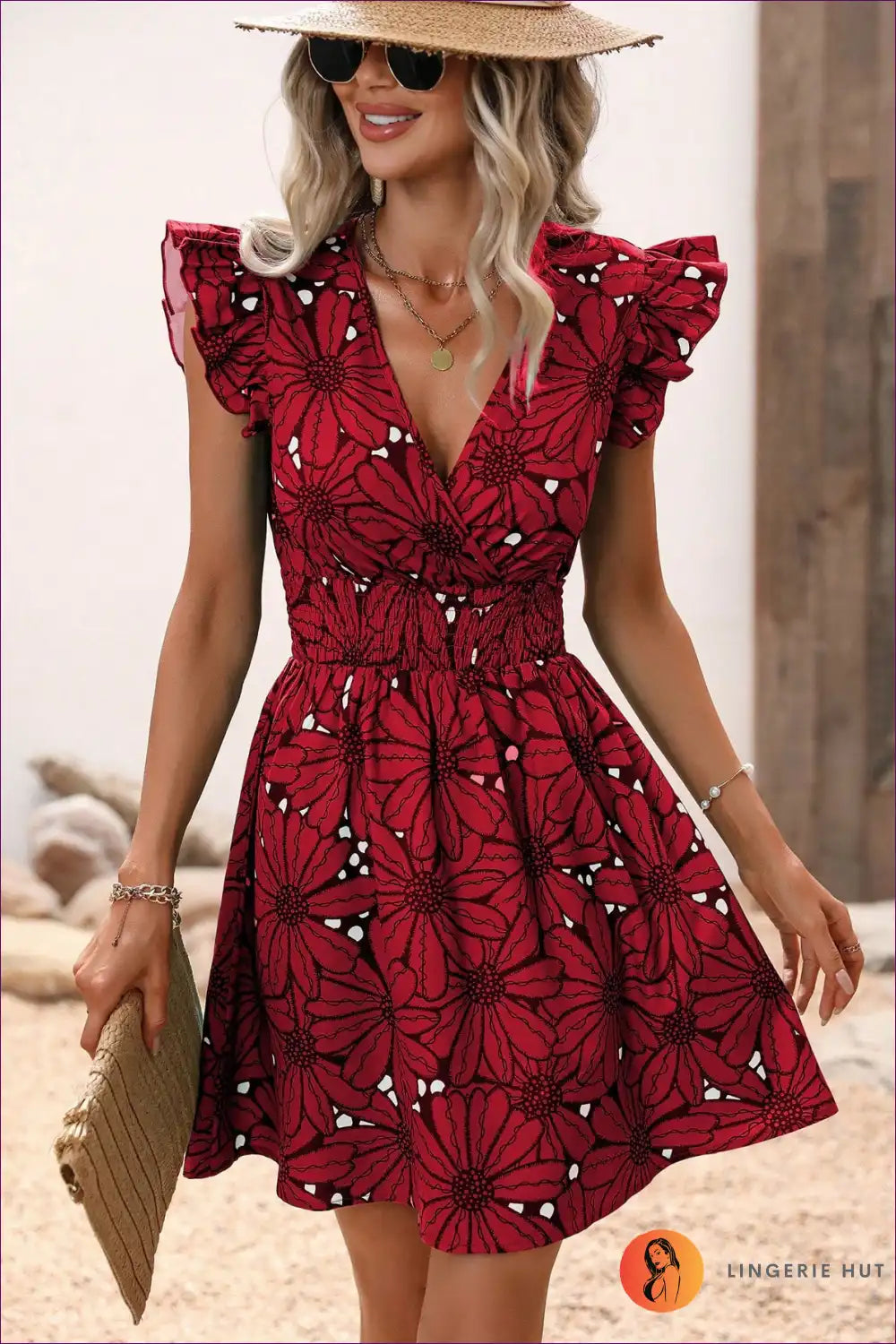 A-line Dress with Ruffled Sleeves and Floral Print - Effortless Day Charm for A-line, Boho, Casual, Dress,