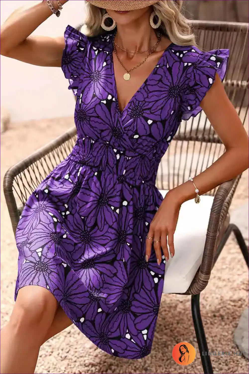 A-line Dress with Ruffled Sleeves and Floral Print - Effortless Day Charm for A-line, Boho, Casual, Dress,