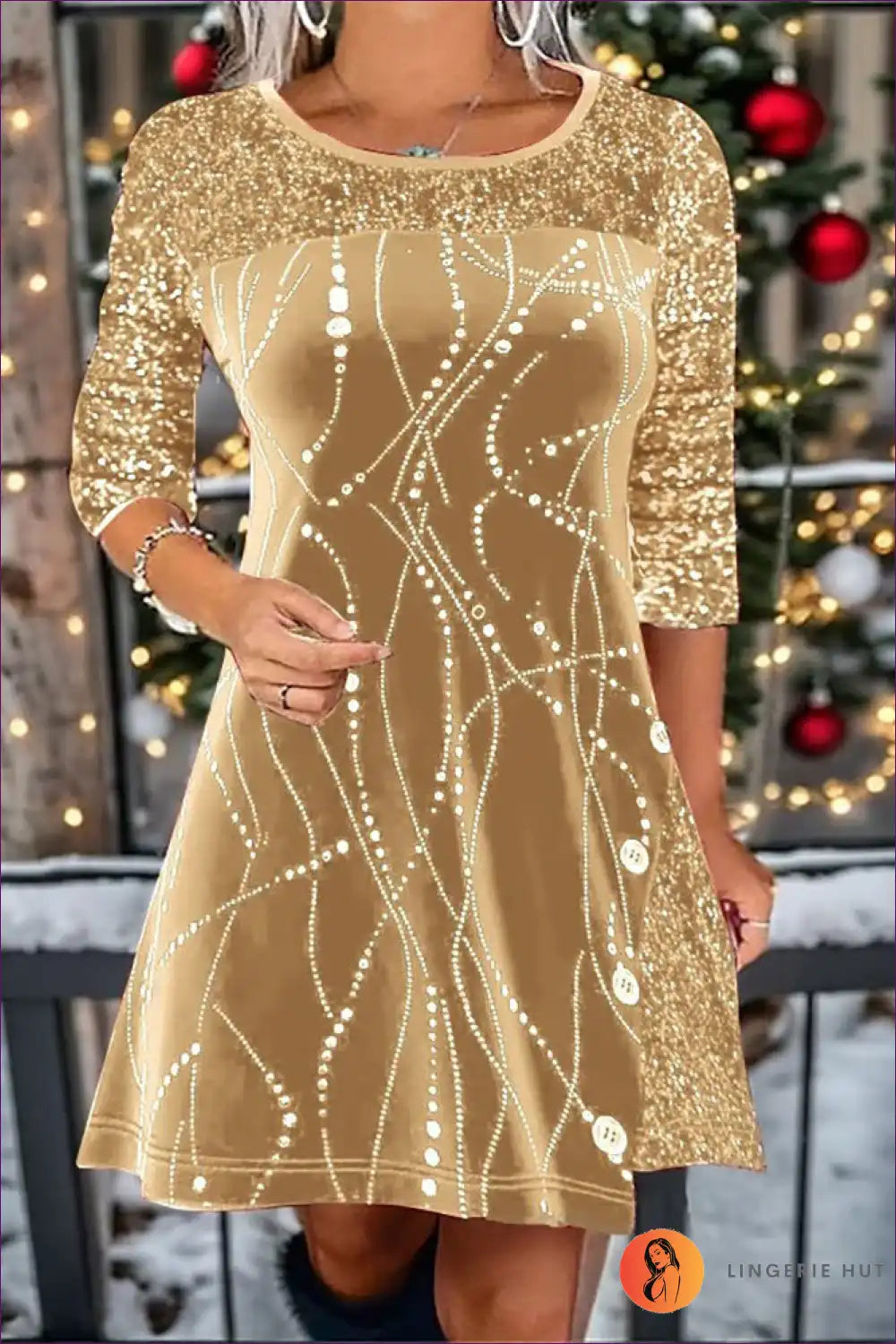 A-line Dress with Sequin Sleeves - Holiday Sparkle for A-line, All Season, Casual, Dress, Evening Wear
