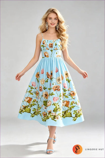 A Line Dress with Smocked Bodice - Late Afternoon Glow - s / Blue - Casual • Cotton • Dresses - Lingerie Hut