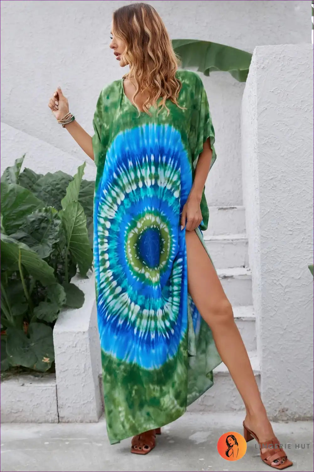A Line Dress with Tie Dye Print - Bohemian Summer Escape for A-line, Boho, Casual, Cutout,