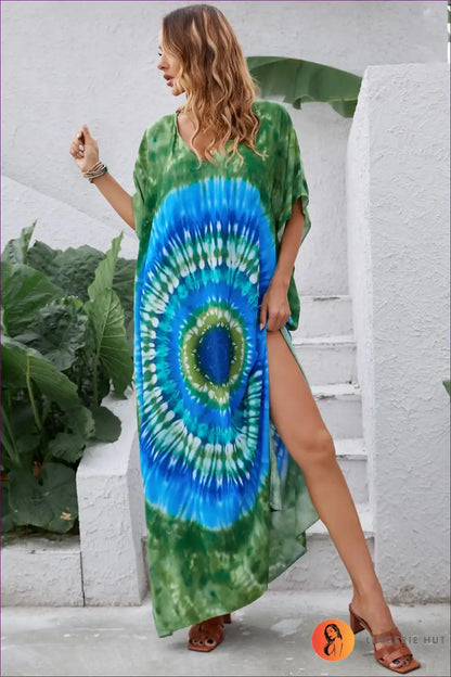 A Line Dress with Tie Dye Print - Bohemian Summer Escape for A-line, Boho, Casual, Cutout,