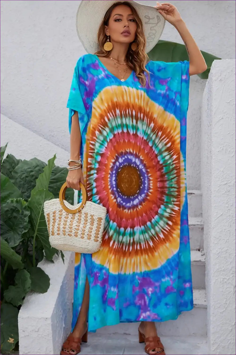A Line Dress with Tie Dye Print - Bohemian Summer Escape for A-line, Boho, Casual, Cutout,