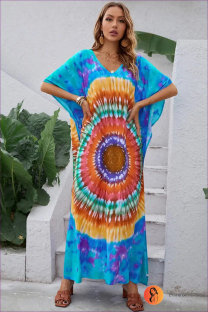 A Line Dress with Tie Dye Print - Bohemian Summer Escape for A-line, Boho, Casual, Cutout,