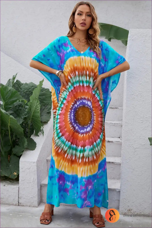 A Line Dress with Tie Dye Print - Bohemian Summer Escape for A-line, Boho, Casual, Cutout,