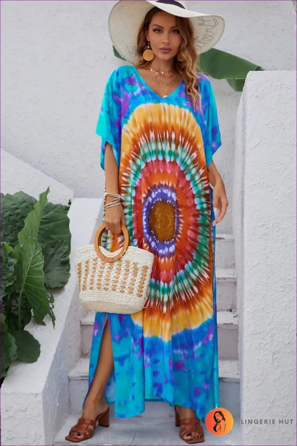 A Line Dress with Tie Dye Print - Bohemian Summer Escape for A-line, Boho, Casual, Cutout,