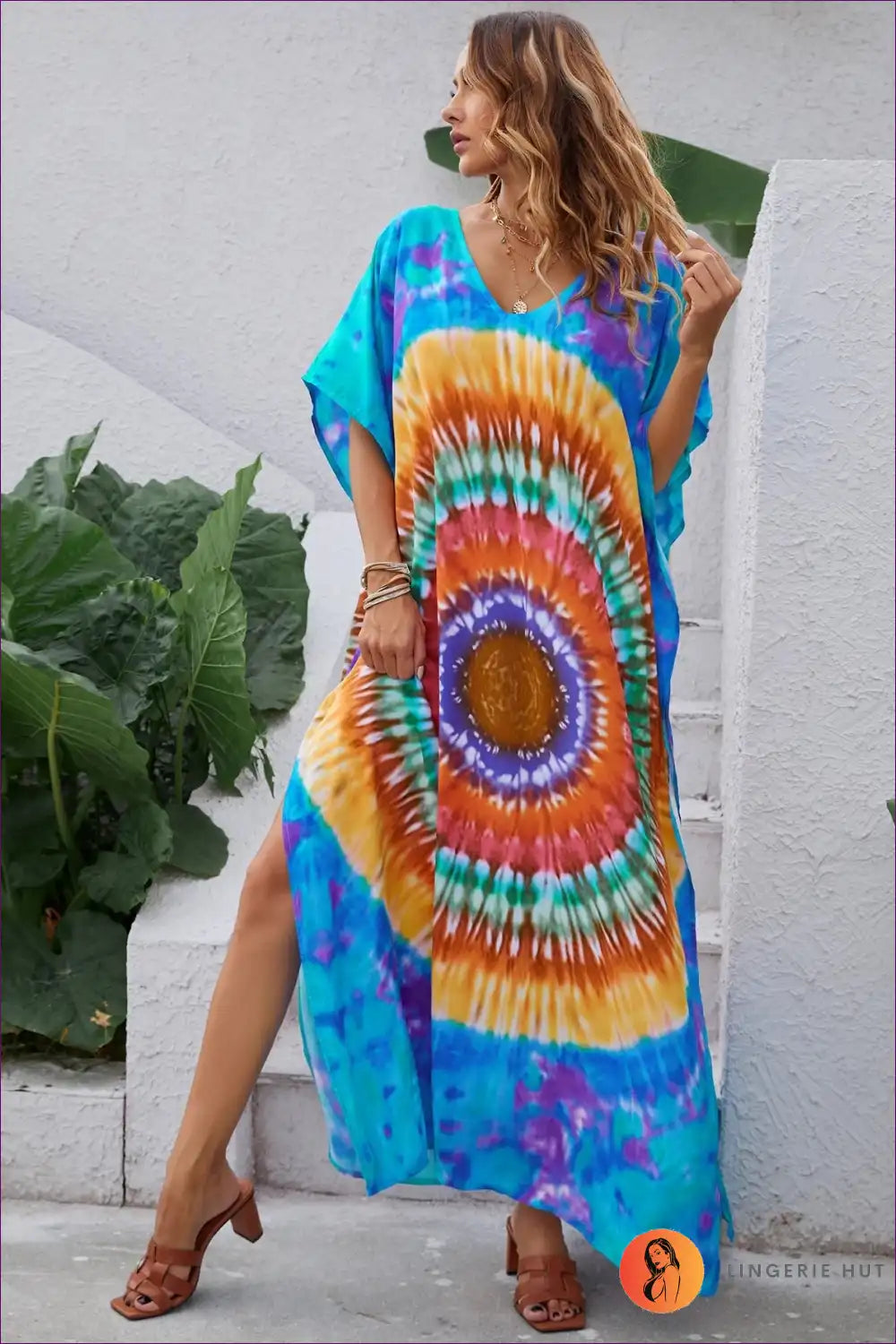 A Line Dress with Tie Dye Print - Bohemian Summer Escape for A-line, Boho, Casual, Cutout,