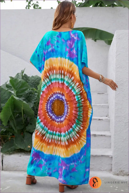 A Line Dress with Tie Dye Print - Bohemian Summer Escape for A-line, Boho, Casual, Cutout,
