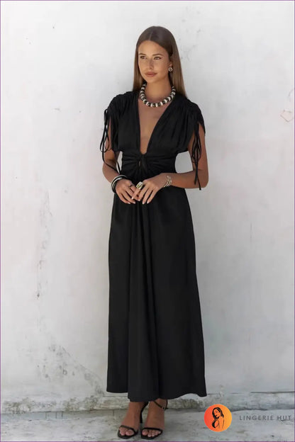 A Line Dress with Tie Waist Detail - Late Afternoon Glow - s / Black - Backless • Casual • Cotton • Lingerie Hut