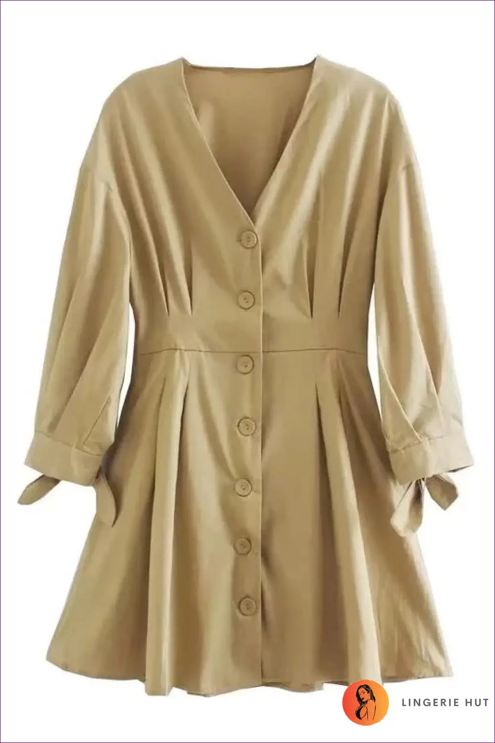 A Line Dress with Tie Waist Detail - Sunlit Ease - Xs / Khaki - Casual • Cotton • Dresses - Lingerie Hut