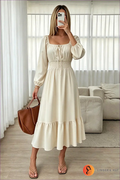A Line Dress with Tie Waist Detail - Warm Weather Poise - s / Apricot - Casual • Cotton • Dresses • Everyday - Lingerie