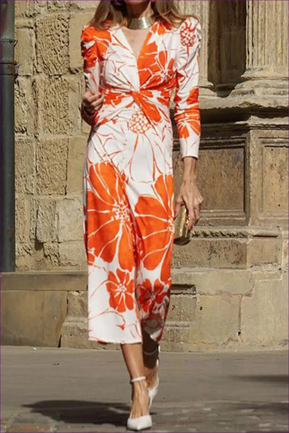A Line Dress with Twisted Waist - Effortless City Elegance for A-line, Autumn, Dress, Everyday, Floral
