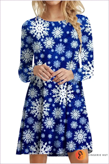 A-line Mini Dress with Festive Print - Winter Party Mood - Blue1 / s - Dresses - Lingerie Hut - Autumn • Casual