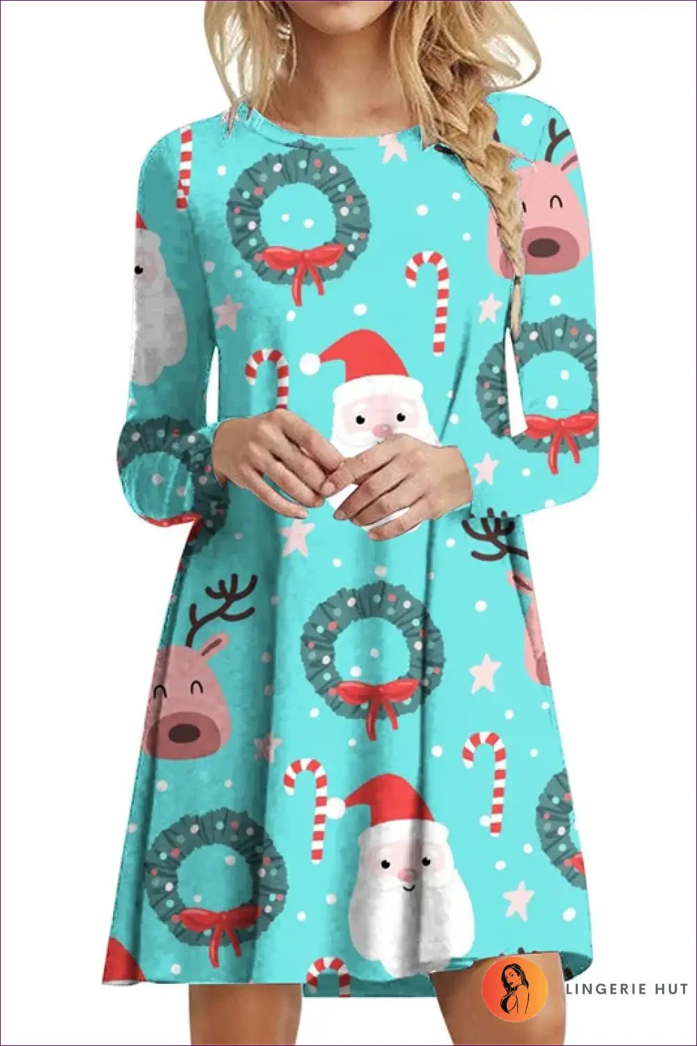A-line Mini Dress with Festive Print - Winter Party Mood - Light Blue / s - Dresses - Lingerie Hut - Autumn • Casual