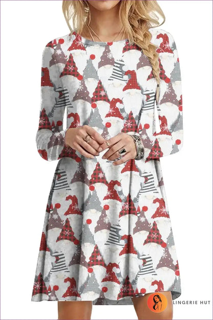A-line Mini Dress with Festive Print - Winter Party Mood - White / s - Dresses - Lingerie Hut - Autumn • Casual