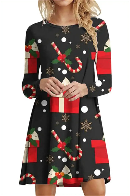 A-line Mini Dress with Festive Print - Winter Party Mood - Black / s - Dresses - Lingerie Hut - Autumn • Casual