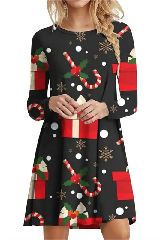 A-line Mini Dress with Festive Print - Winter Party Mood - Black / s - Dresses - Lingerie Hut - Autumn • Casual