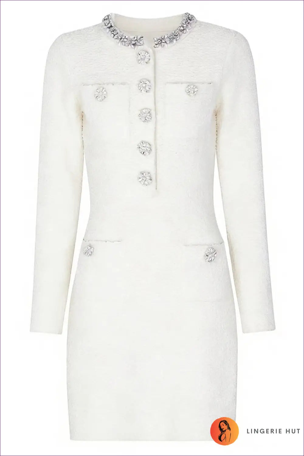 A-line Mini Dress with Rhinestone Buttons - Effortless Everyday Glamour - s / White Long Sleeve - Dresses - All Season
