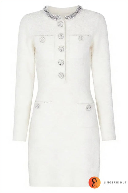 A-line Mini Dress with Rhinestone Buttons - Effortless Everyday Glamour - s / White Long Sleeve - Dresses - All Season