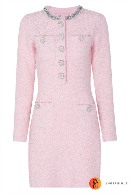 A-line Mini Dress with Rhinestone Buttons - Effortless Everyday Glamour - s / Pink Long Sleeve - Dresses - All Season