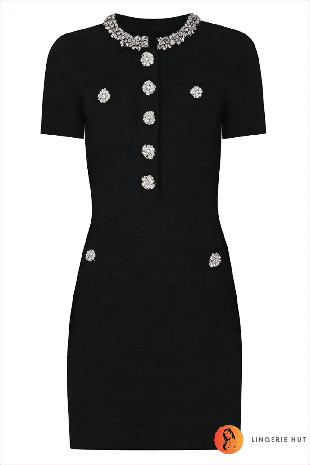 A-line Mini Dress with Rhinestone Buttons - Effortless Everyday Glamour - s / Black, Short Sleeve - Dresses - All