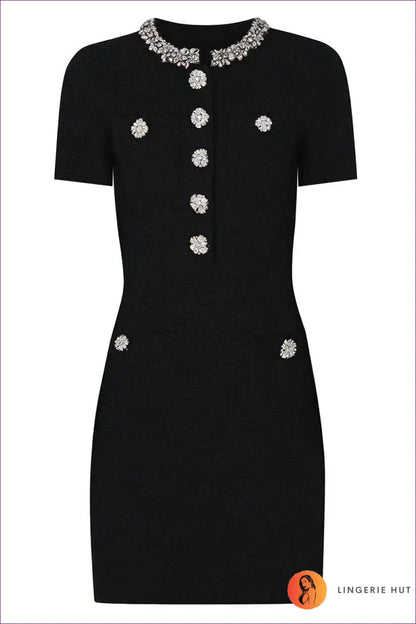 A-line Mini Dress with Rhinestone Buttons - Effortless Everyday Glamour - s / Black, Short Sleeve - Dresses - All