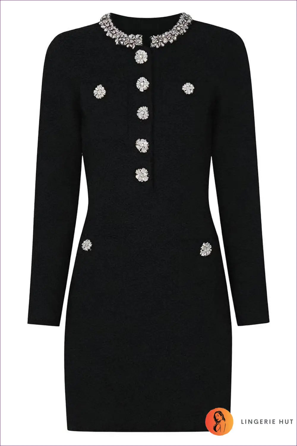 A-line Mini Dress with Rhinestone Buttons - Effortless Everyday Glamour - s / Black Long Sleeve - Dresses - All Season
