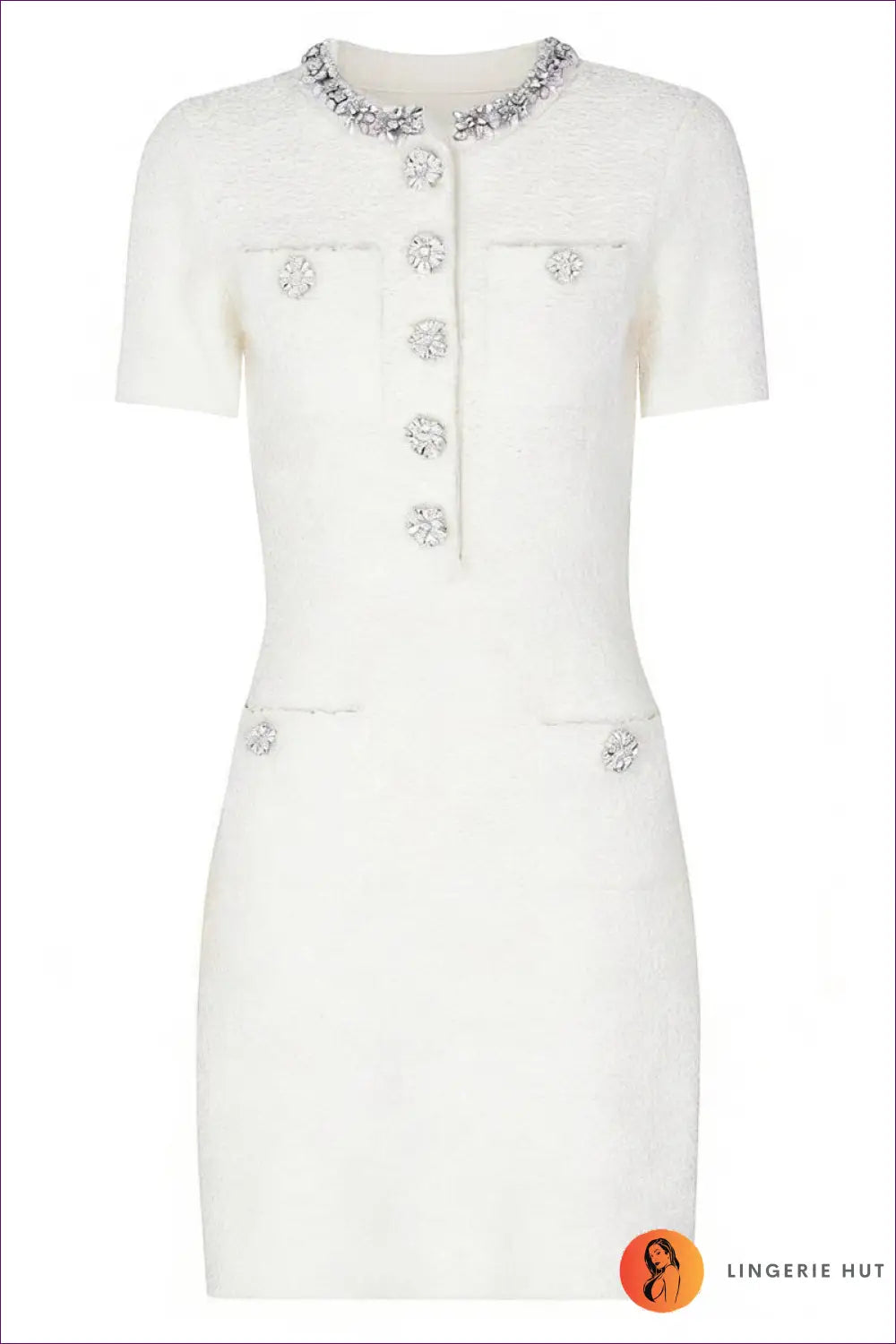 A-line Mini Dress with Rhinestone Buttons - Effortless Everyday Glamour - s / White Short Sleeve - Dresses - All Season
