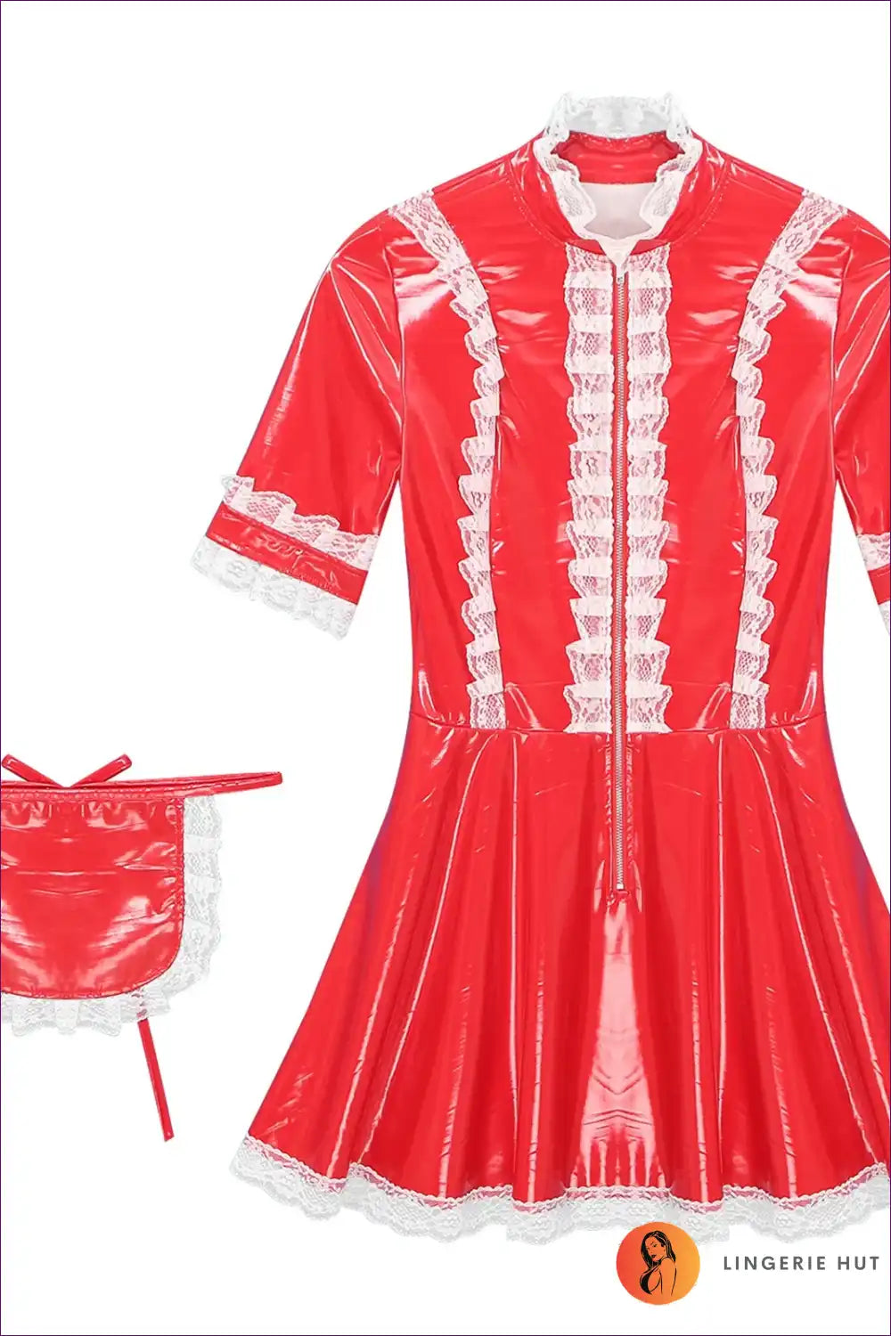 A-line Pvc Leather Servant Maid Dress with Lace Trim for A-line, Costume, just In, Lace,