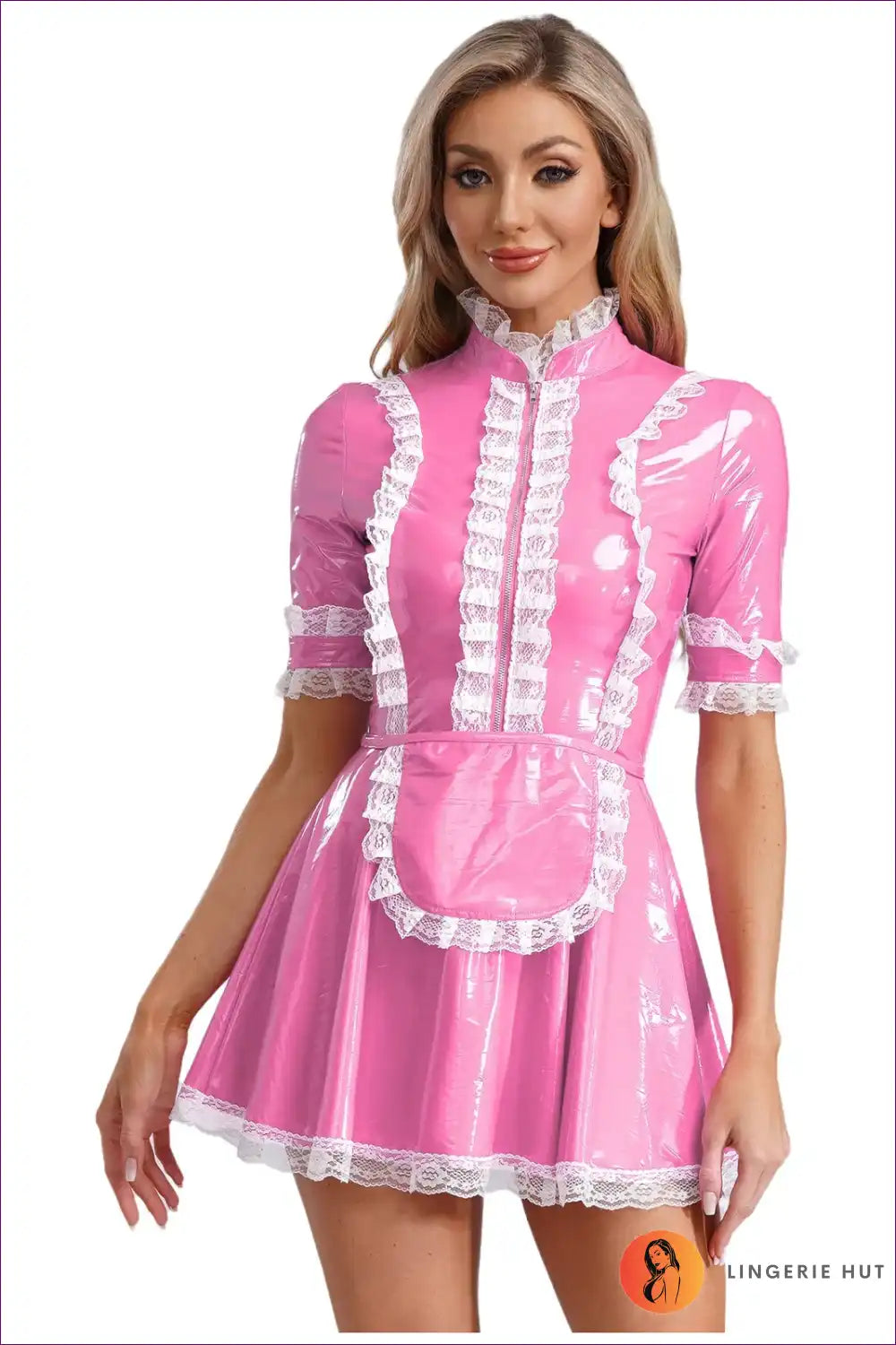 A-line Pvc Leather Servant Maid Dress with Lace Trim for A-line, Costume, just In, Lace,