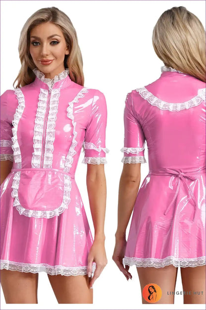 A-line Pvc Leather Servant Maid Dress with Lace Trim for A-line, Costume, just In, Lace,