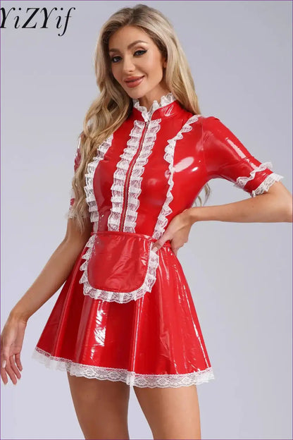 A-line Pvc Leather Servant Maid Dress with Lace Trim for A-line, Costume, just In, Lace,