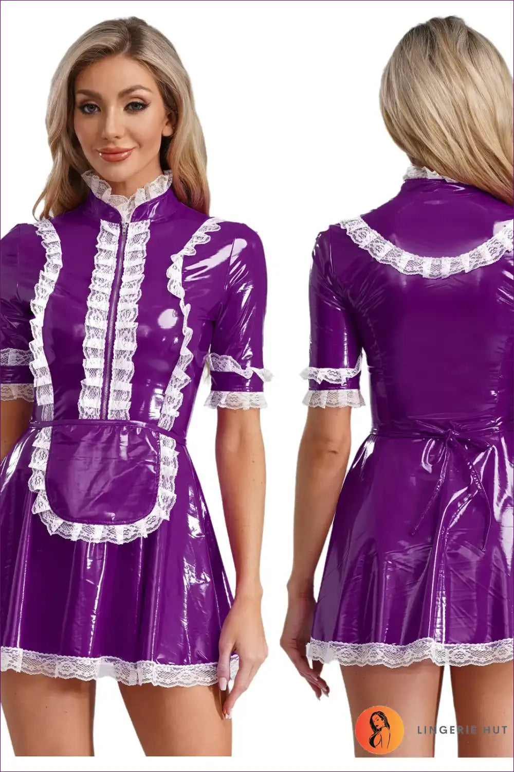 A-line Pvc Leather Servant Maid Dress with Lace Trim for A-line, Costume, just In, Lace,