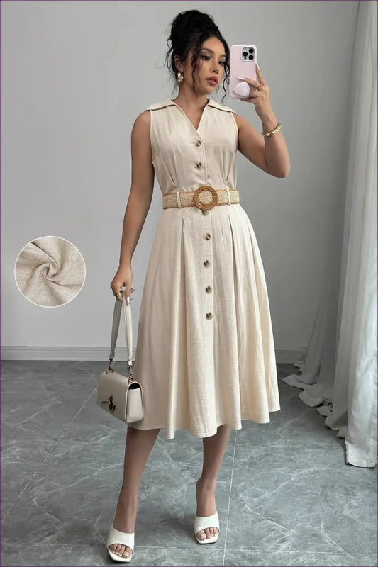 Linen-look Midi Shirt Dress with Belt - Effortless Everyday Ease - Lingerie Hut - A-line • Casual