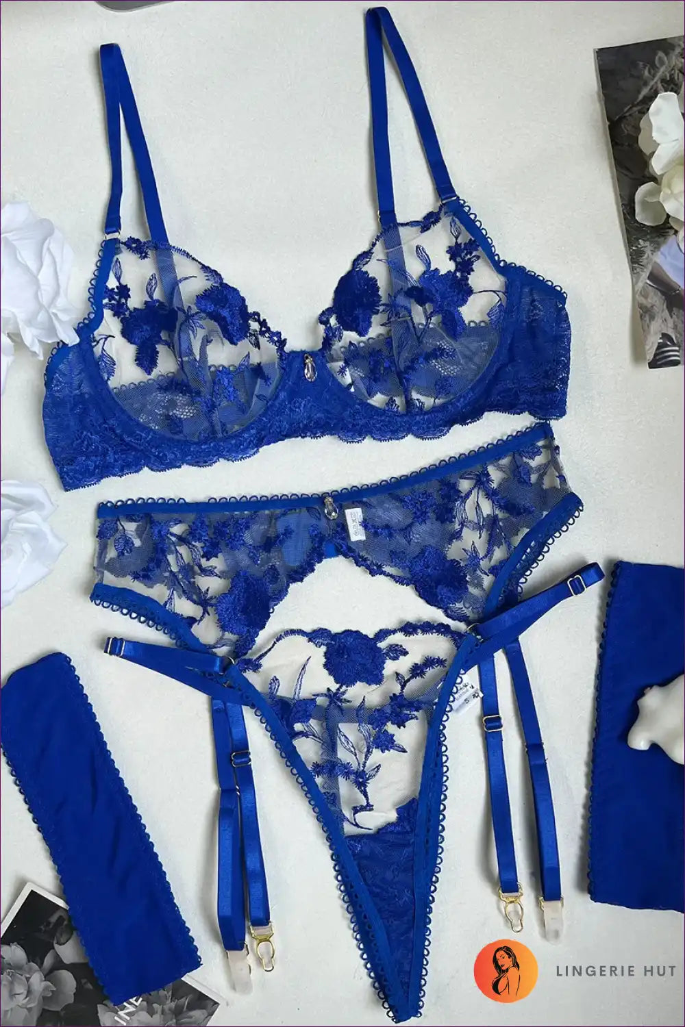 Lingerie Set with Blue Embroidered Mesh and Garter Belt - Midnight Mood for Boudoir, Bra Set, Bridal, Date