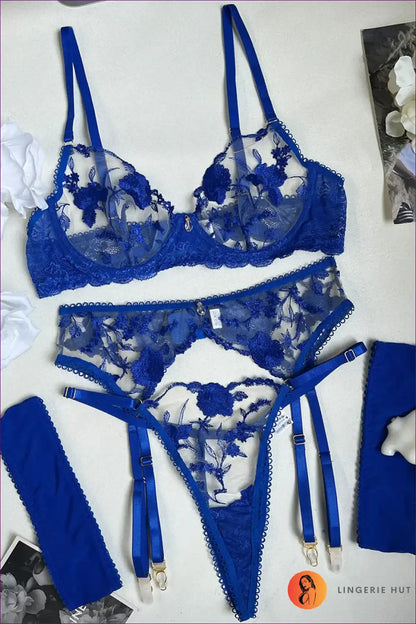 Lingerie Set with Blue Embroidered Mesh and Garter Belt - Midnight Mood for Boudoir, Bra Set, Bridal, Date