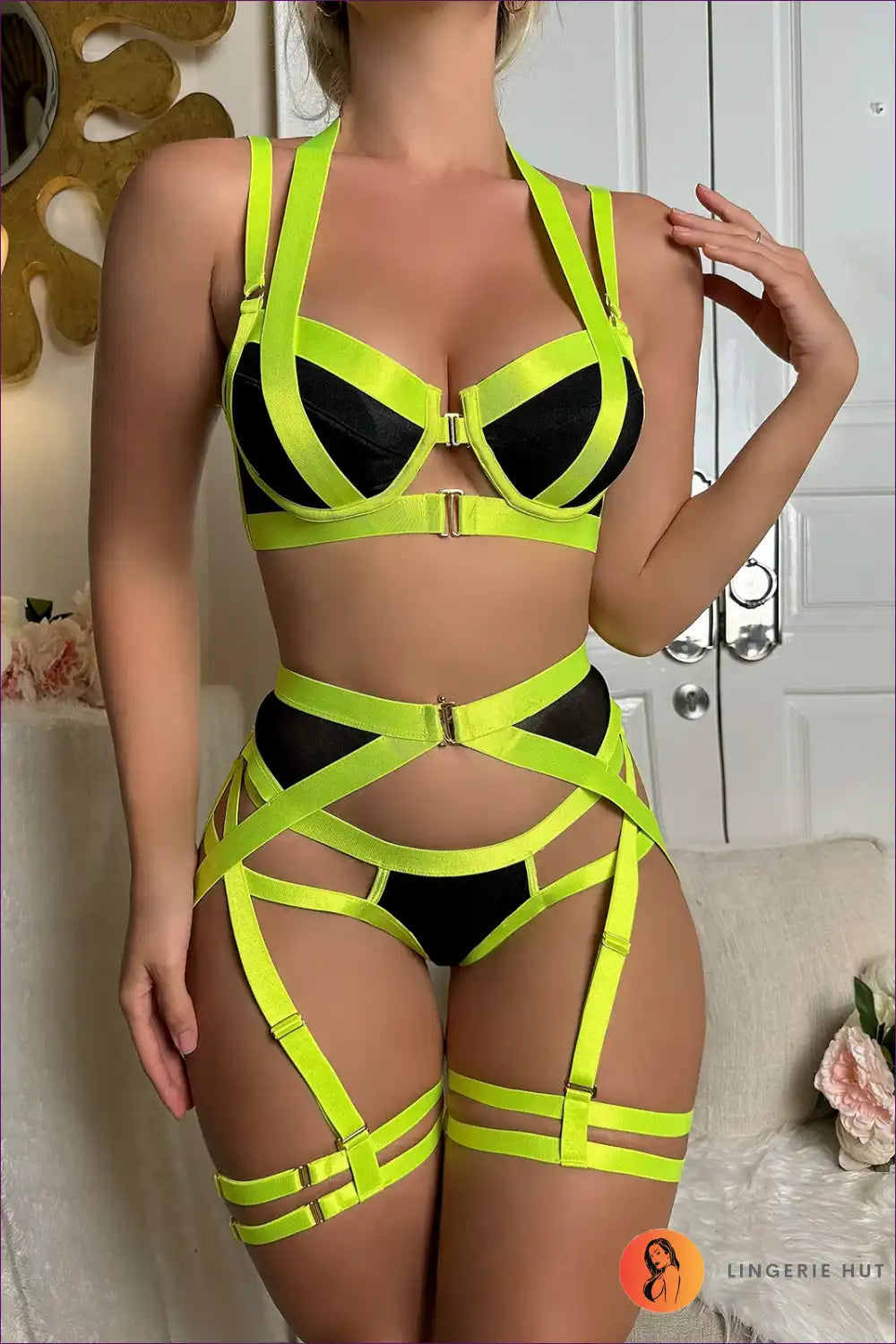 Lingerie Set with Bondage Straps and Glossy Bra - Bold Statement Energy for Boudoir, Set, Clubwear, Cutout,