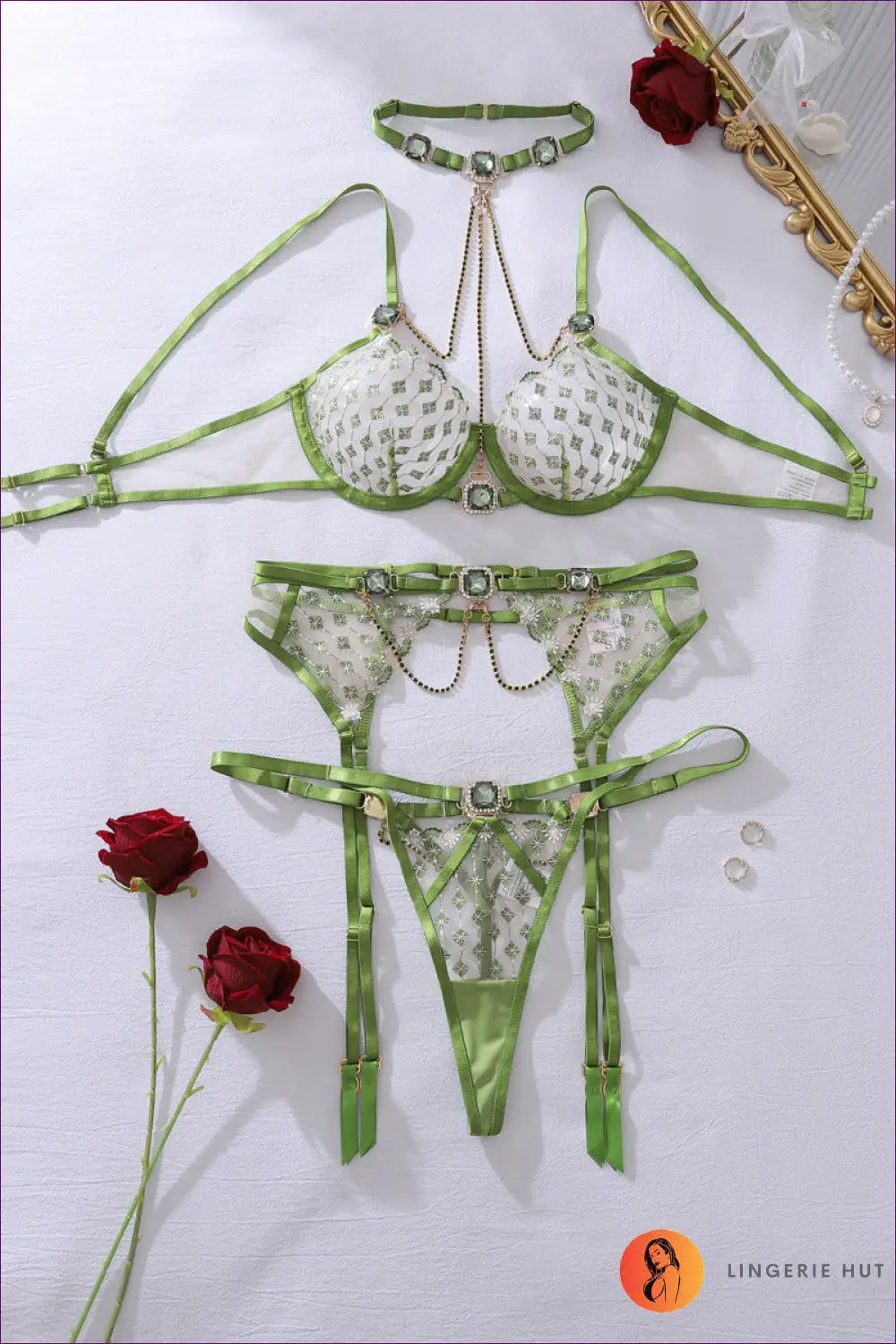 Lingerie Set with Chain Cutout Detail - Bold Glamour - s / Green - Bra • Date Night • just in - Hut