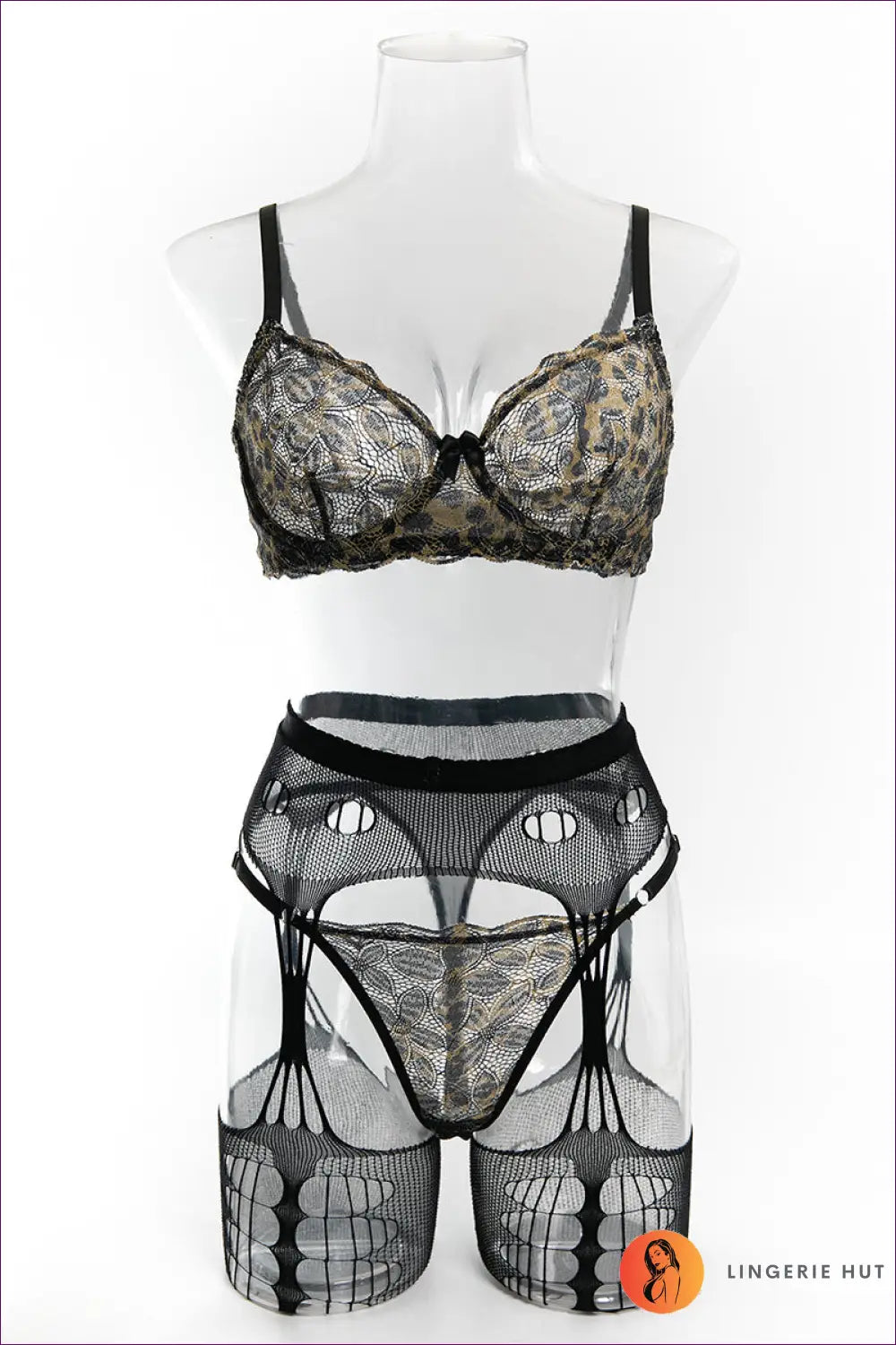 Lingerie Set with Cutout Garter Detail - After Dark Energy - s / Leopard Print Three Piece - Bras & Panty Sets