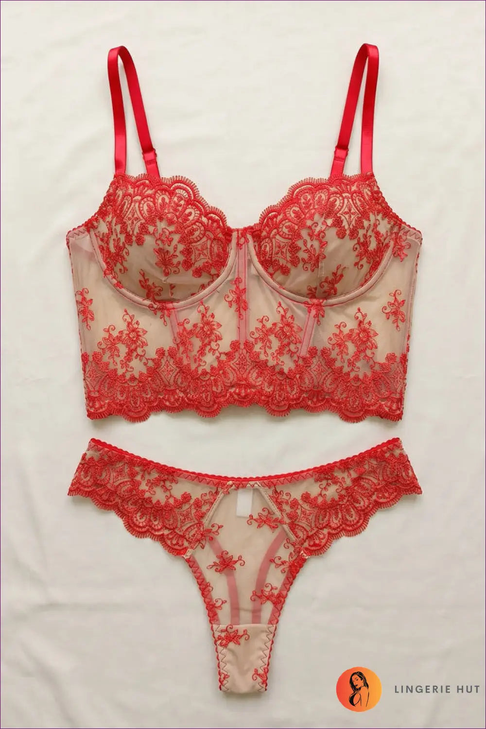 Lingerie Set with Embroidered Boning - Romantic Detail - s / Red - Boudoir • Bra • Corset • Floral • just in - Hut