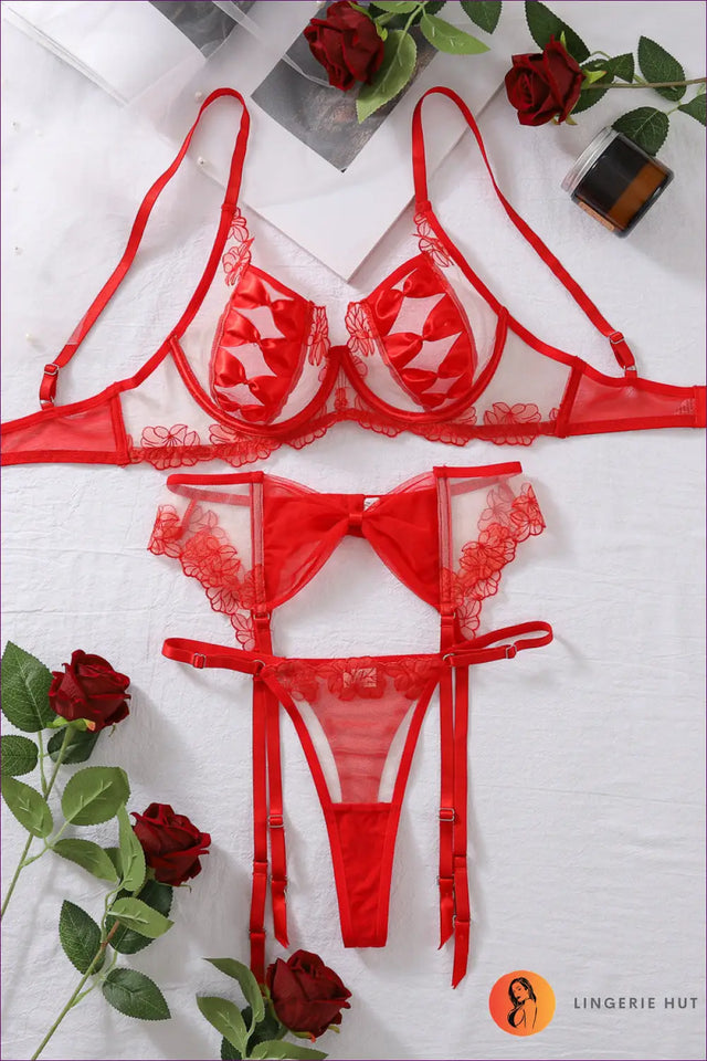 Embroidered Mesh Bra and Garter Set