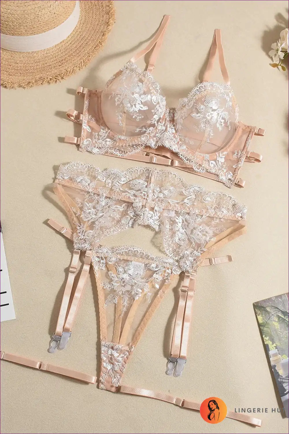 Lingerie Set with Embroidered Mesh and Garter Belt - Romantic Escape for Boudoir, Bra Set, Bridal, Date