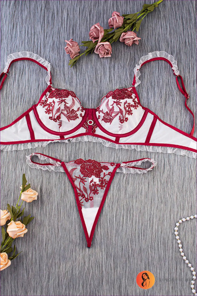 Embroidered Mesh Bra Set with Ruffle Trim