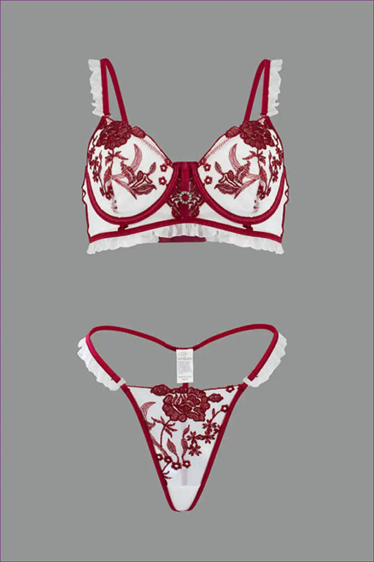 Lingerie Set with Embroidered Mesh and Ruffle Trim - Playful Luxury for Boudoir, Bra Set, Date Night, Evening