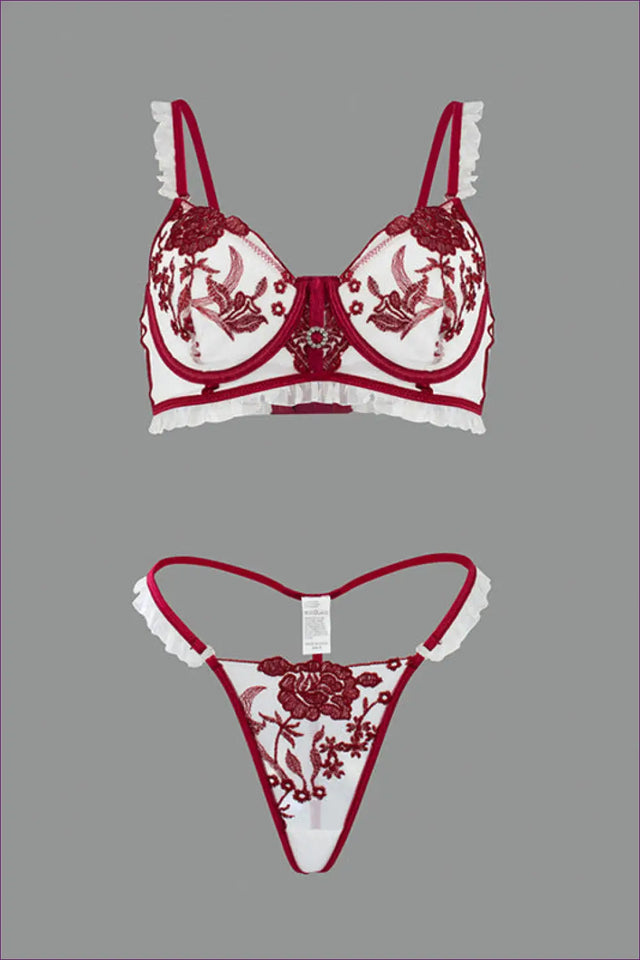 Embroidered Mesh Bra Set with Ruffle Trim