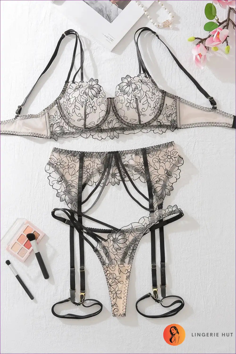 Lingerie Set with Embroidery Lace - Daring Garter & Panty Complete for Boudoir, Bra Set, Date Night,