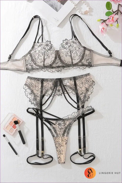 Lingerie Set with Embroidery Lace - Daring Garter & Panty Complete for Boudoir, Bra Set, Date Night,