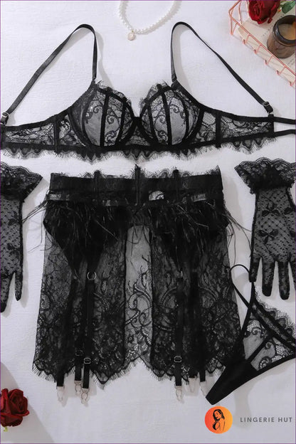 Lingerie Set with Feather Trim and Sheer Lace - Bridal Fantasy for Boudoir, Bra Set, Bridal, Evening Wear,