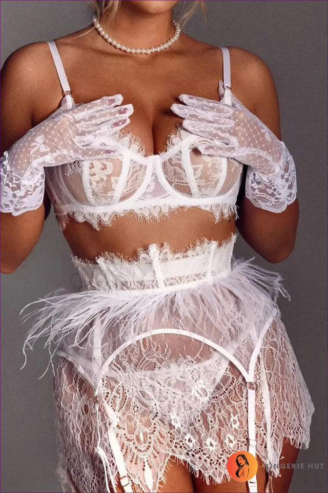 Feather Trim Lace Bra Set - Vintage Boudoir Glamour
