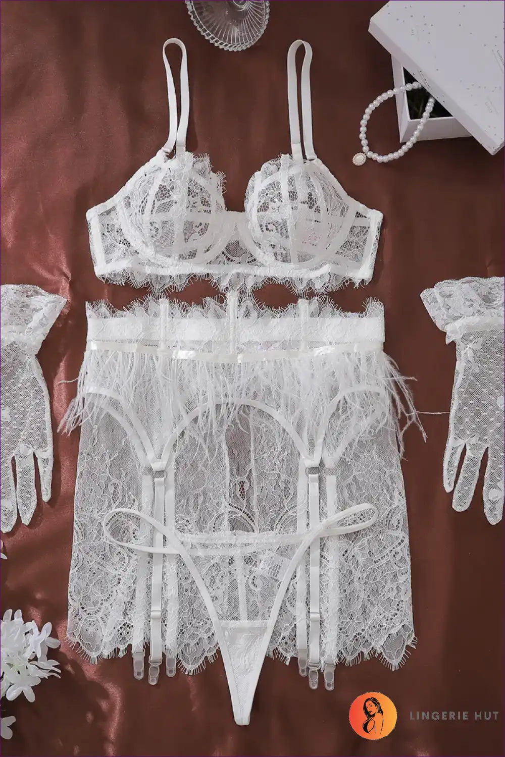 Lingerie Set with Feather Trim and Sheer Lace - Bridal Fantasy for Boudoir, Bra Set, Bridal, Evening Wear,